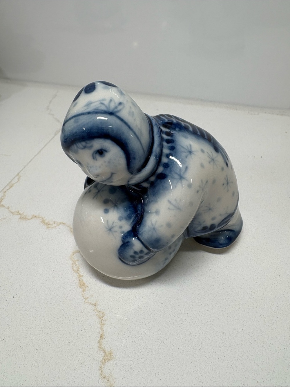 Gzhel Russian Porcelain Boy With Snowball. Approximately 3” X 3”